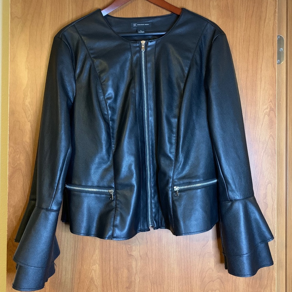 INC International Concepts ~ Black Bell Sleeved Vegan Leather Jacket ~ Size XL